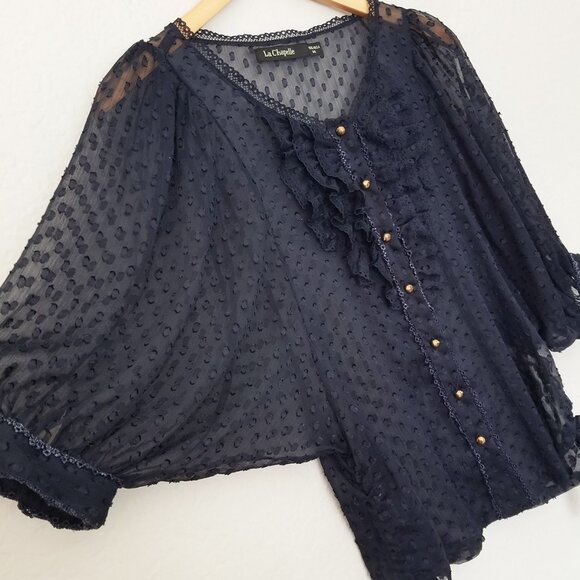 La Chapelle Navy Blue Sheer Chiffon Ruffle Batwing Blouse Top Romantic Coquette - Picture 13 of 15